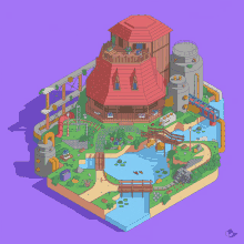 an isometric drawing of a house with a purple background