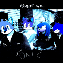 a group of sonic the hedgehog standing next to each other in front of a building that says garage inc.