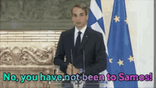 a man in a suit and tie is giving a speech in front of a podium with flags in the background .