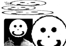 a black and white drawing of a smiley face and a picture of a man .