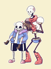 a drawing of a skeleton carrying a child on his shoulders