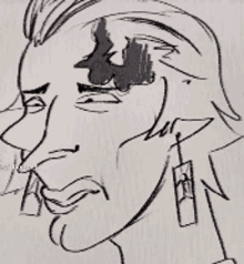 a black and white drawing of a man 's face with the letter n visible