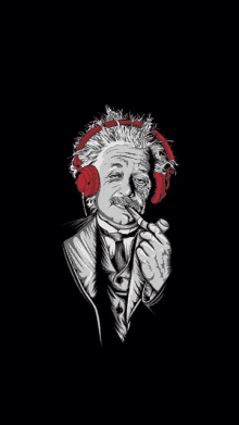 albert einstein is smoking a pipe and wearing headphones .