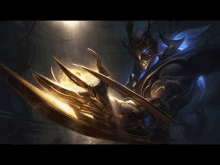 a league of legends character is holding a sword in his hands .