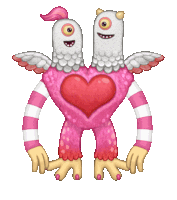 a pink and white monster with wings and a heart on its chest