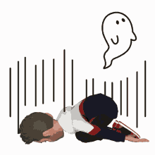 a cartoon of a person laying on their back with a ghost behind them