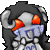 a pixel art drawing of a robot with red eyes and a mask on his face .