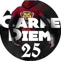 a person wearing a red shirt with a tiger on the back and the words carne diem 25