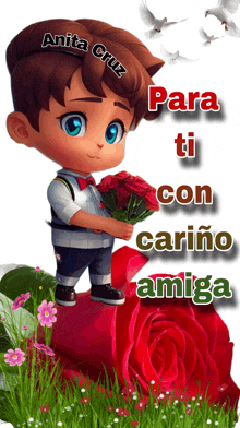 a picture of a boy holding a bouquet of flowers with the words para ti con carino amiga below him