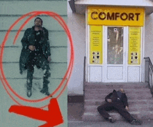 a picture of a man in the snow next to a picture of a man laying on the ground in front of a comfort store