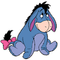 eeyore from winnie the pooh is sitting down with a pink bow on its tail .