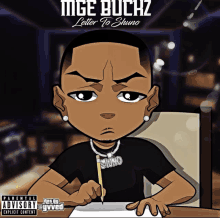 a cartoon of a man writing on a piece of paper with a parental advisory label on it