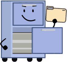 a cartoon illustration of a filing cabinet holding a folder .