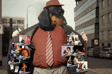 a man with a dachshund 's head is holding a jacket with pictures on it