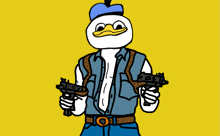 a drawing of donald duck holding two guns on a yellow background