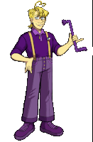 a cartoon drawing of a man in purple suspenders holding a purple pipe