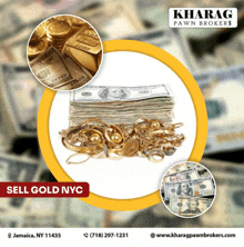 an advertisement for kharag pawn brokers sells gold in nyc