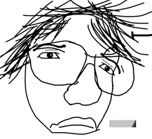 a black and white drawing of a man 's face with glasses and long hair