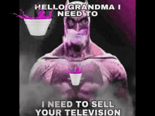 a picture of a batman with a cup of purple liquid in his chest .