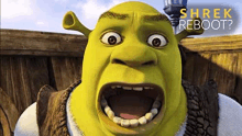 shrek from shrek is making a funny face with his mouth wide open .