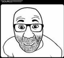 a black and white drawing of a bald man with glasses and a beard .