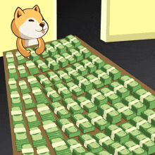 a cartoon dog is sitting on top of a table filled with stacks of money