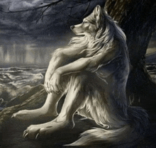 a white wolf is sitting under a tree looking at the ocean