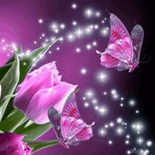 two butterflies are flying around a bouquet of pink flowers