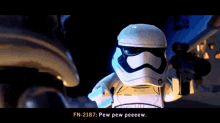 a lego storm trooper is holding a gun and says fn-2187 pew pew peeeew