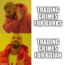 a man in a red jacket is making a meme about trading grimes for burks .