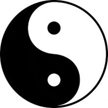 a black and white yin yang symbol with a white dot in the middle .