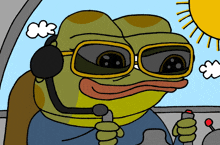 a cartoon frog wearing sunglasses and headphones is driving a car