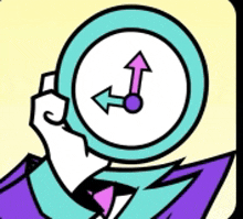 a cartoon of a person holding a clock with an arrow pointing upwards