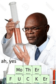 a man in a lab coat is holding a beaker of liquid in front of a periodic table of elements .