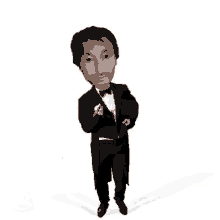 a cartoon of a man in a tuxedo and bow tie holding a bottle of wine .