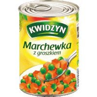 a can of kwidzyn marchewka with carrots and peas with a spoon in it