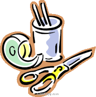 a drawing of scissors tape and a spool of thread