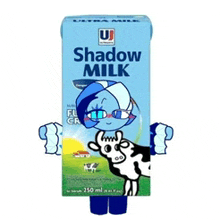 a carton of shadow milk with a cartoon cow on it