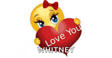 a smiley face with a red bow is holding a red heart that says `` love you whitney '' .