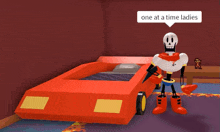 papyrus is standing next to a red car bed in a room .