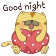 a cartoon cat is sitting on a heart shaped pillow with the words `` good night '' written above it .