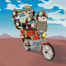 a group of penguins are riding a motorcycle in the desert