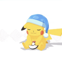 a pikachu wearing a blue hat holds a white ball