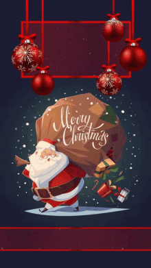 a merry christmas greeting card with santa carrying a bag of presents