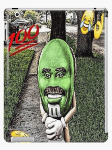 a green m & m with a mustache is holding a m & m in his hands