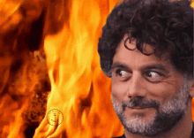 a man with curly hair and a beard is smiling in front of a fire with an anchor logo in the corner