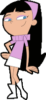 a cartoon girl with long black hair wearing a purple sweater and white skirt