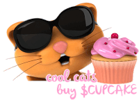 a cat wearing sunglasses is holding a cupcake with the words cool cats buy $ cupcake