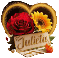 a heart with a red rose and a sunflower with a sign that says julieta