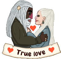 a cartoon drawing of a man and woman hugging with the words true love on a banner